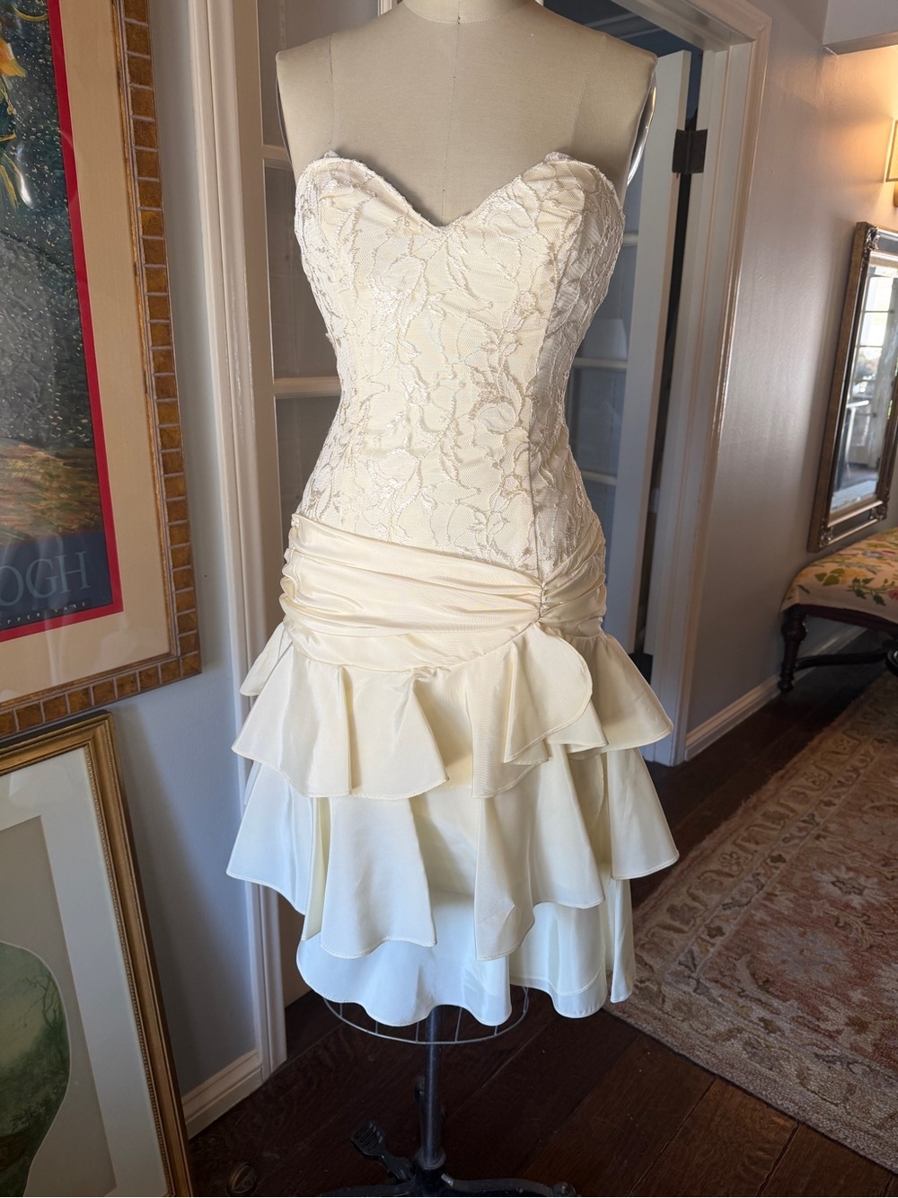Strapless Lace Bustier Ruffle Cocktail/Wedding Dress in Ivory